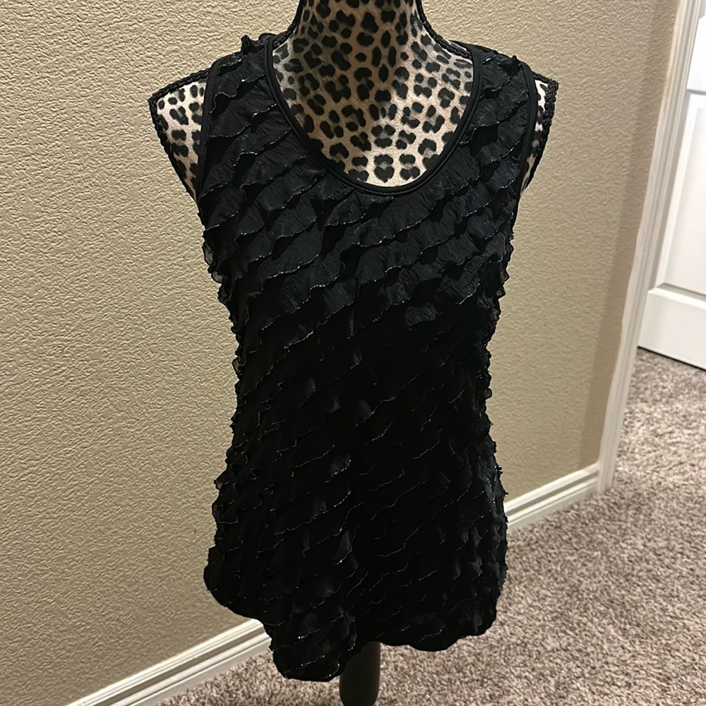Women’s black sleeveless/tank top with ruffles, silver bling trim, size S